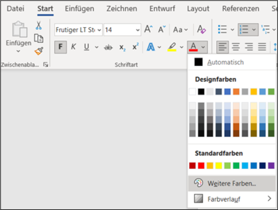 Bildschirmfoto der Benutzeroberfläche von Microsoft Word. Im Menüpunkt "Start" wurde das Dialogfeld "Schriftfarbe" geöffnet und das Feld "weitere Farben" angewählt.