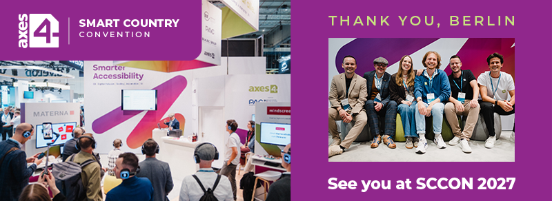 Photos of the booth and the axes4 team at SCCON 2026. Logos of axes4 and the Smart Country Convention. Text: Thank you, Berlin. See you at SCCON 2027.