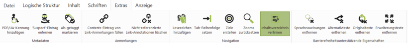 Screenshot axesPDF: Registerkarte, hervorgehoben: Inhaltsverzeichnis verlinken