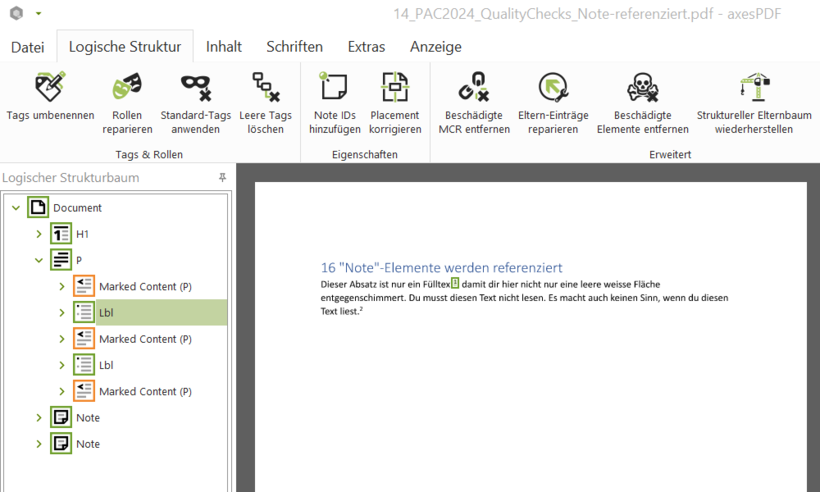 Screenshot axesPDF: Logischer Strukturbaum mit "Lbl" und "Marked Content"