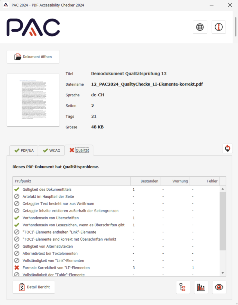 Screenshot: Benutzeroberfläche PAC 2024. Der Reiter der Quality Checks ist geöffnet, ein rotes Kreuz erscheint bei "Formale Korrektheit von LI-Elementen"