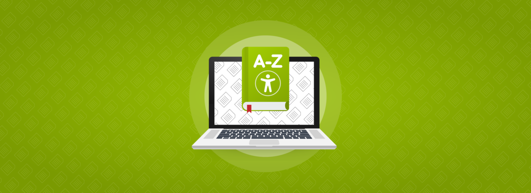 Illustration: Laptop, vor dem ein Buch schwebt. Auf dem Buch steht "A-Z", darunter ein Barrierefreiheitssymbol.